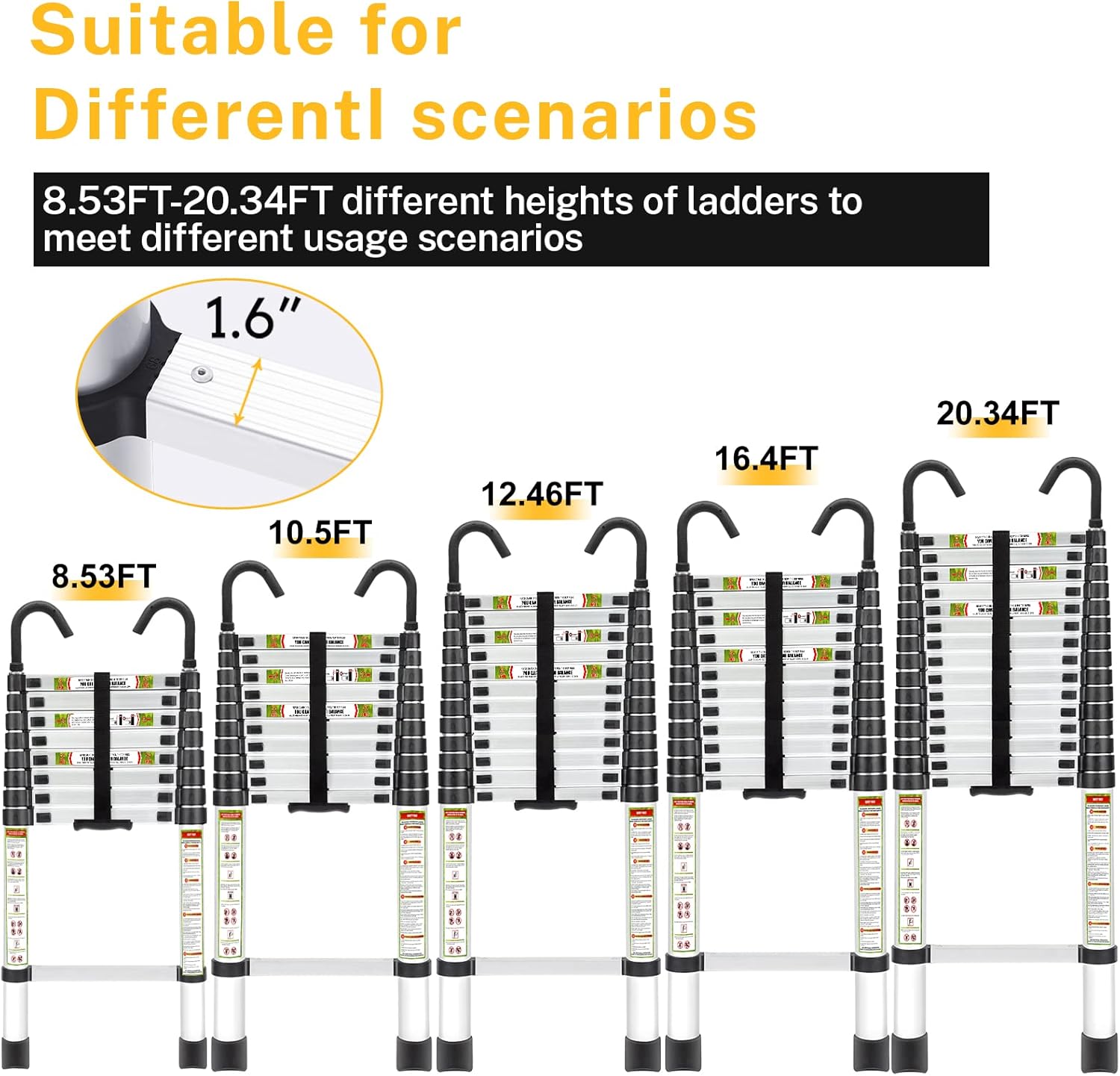 Telescopic Ladder, 16.5FT Aluminum Telescoping Ladder with Stable Hook and Non-Slip Feet, RIKADE Portable Extension Ladder for Household and Outdoor Working, 330lb Capacity